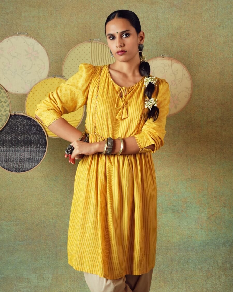 Yellow Flared Empire Line Dress with Yellow Stripe and Moth Block Print - Image 6