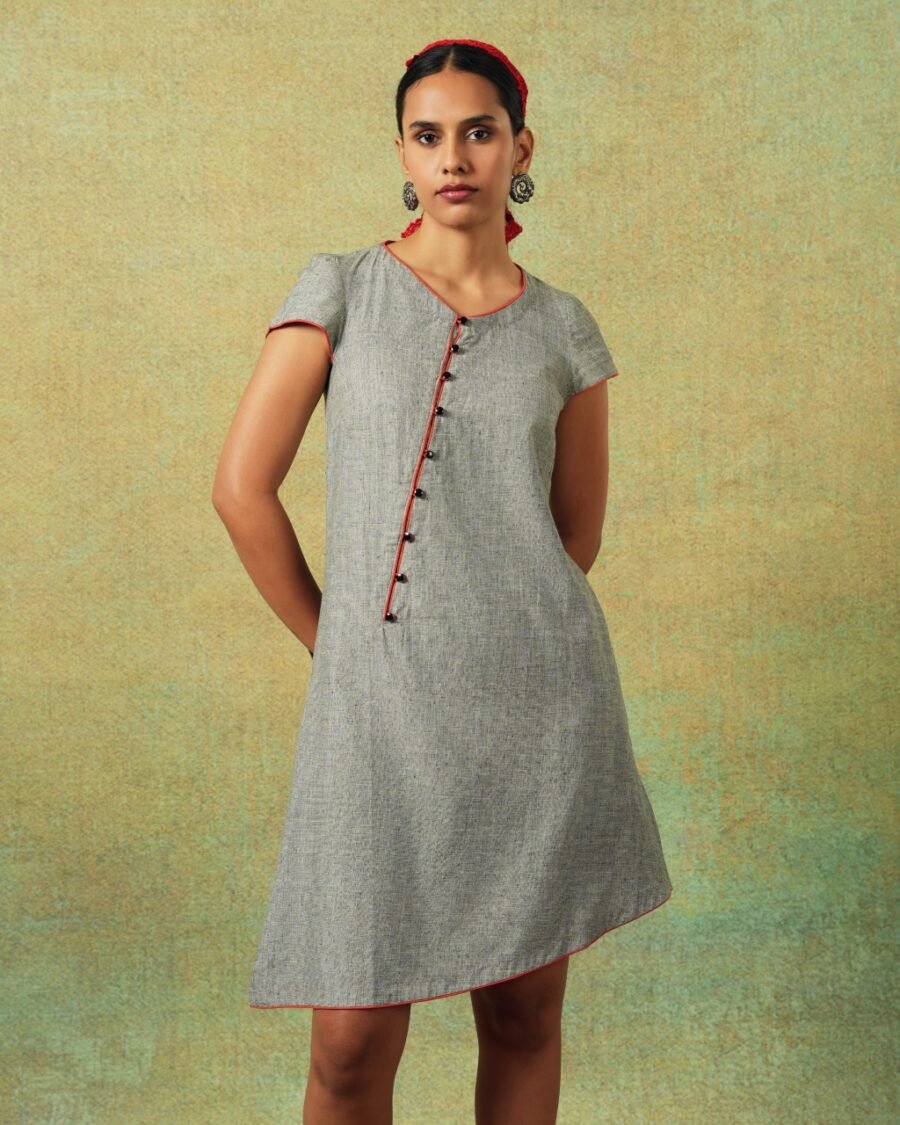 Short-sleeved grey A-line dress with subtle black and white accents – RA Studio