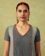 Close up of the V-neck line of Patchwork dress in shades of grey with bold orange side pocket – RA Studio