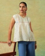 Creamy white flared top with hand embroidery, checks and thin stripes – RA Studio