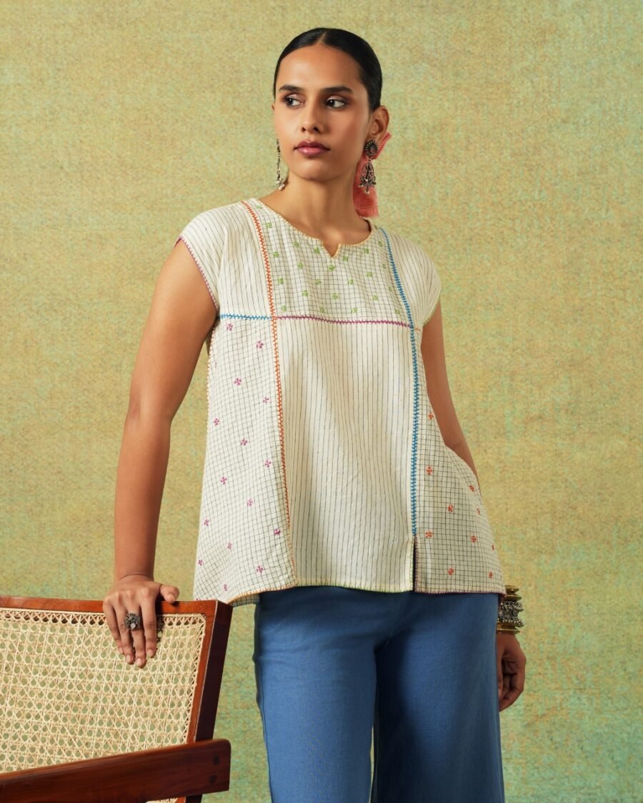 Creamy white flared top with hand embroidery, checks and thin stripes – RA Studio