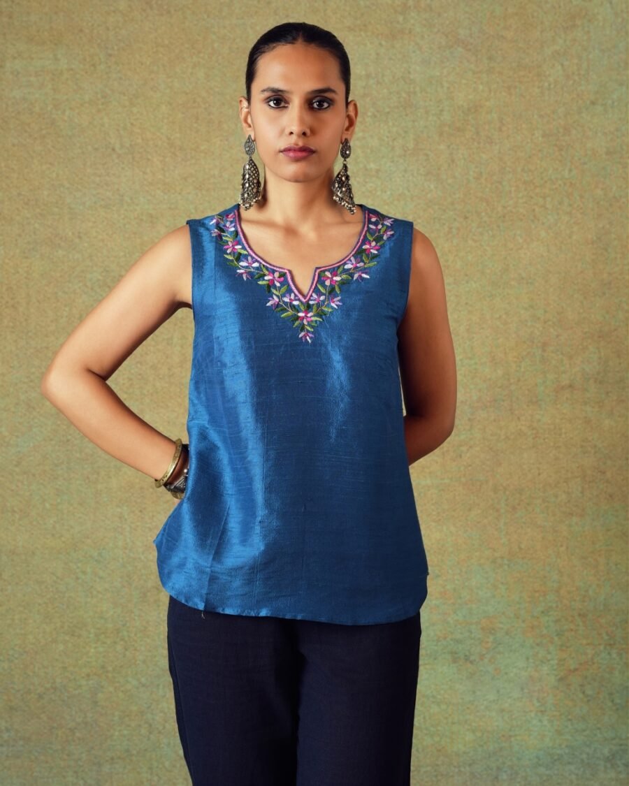 Blue sleeveless Dupion silk top with hand embroidery