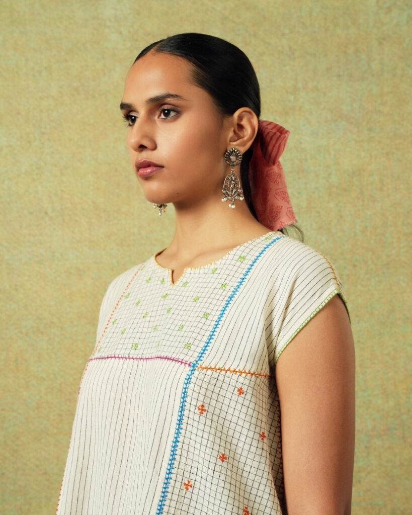Hand Embroidered Flared Top Checks and Thin Stripes Creamy White