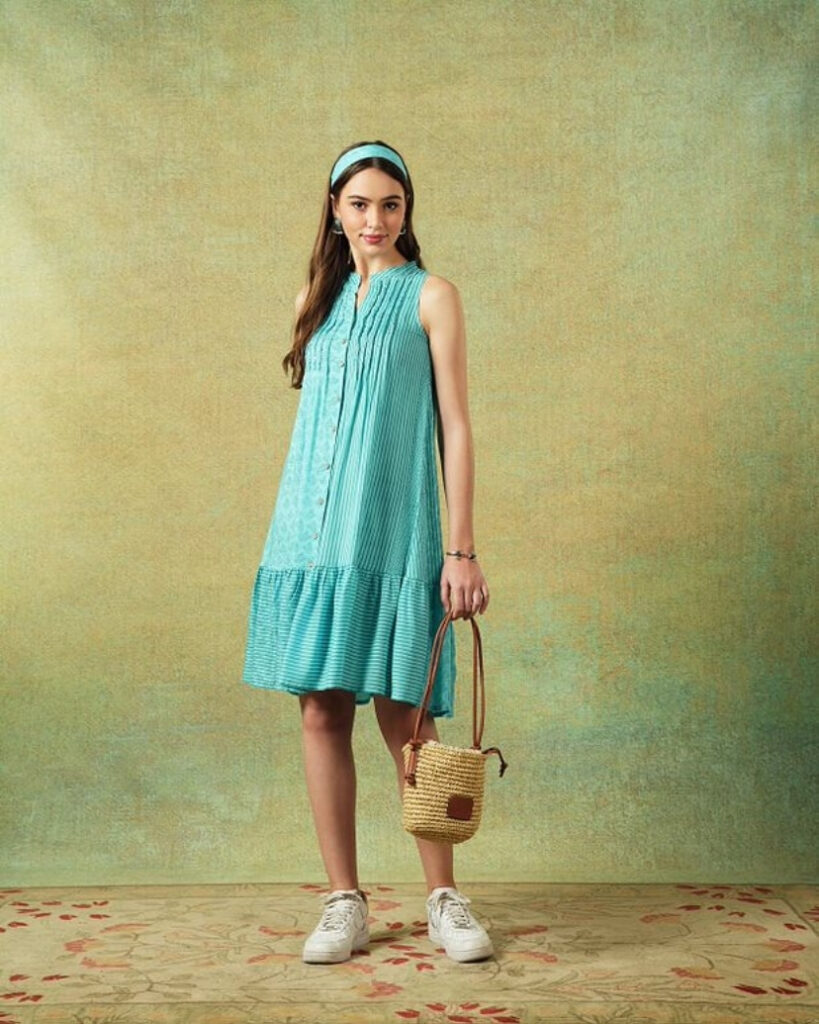 Sleeveless A-line Shirt Dress Blue Moth and Stripe Print