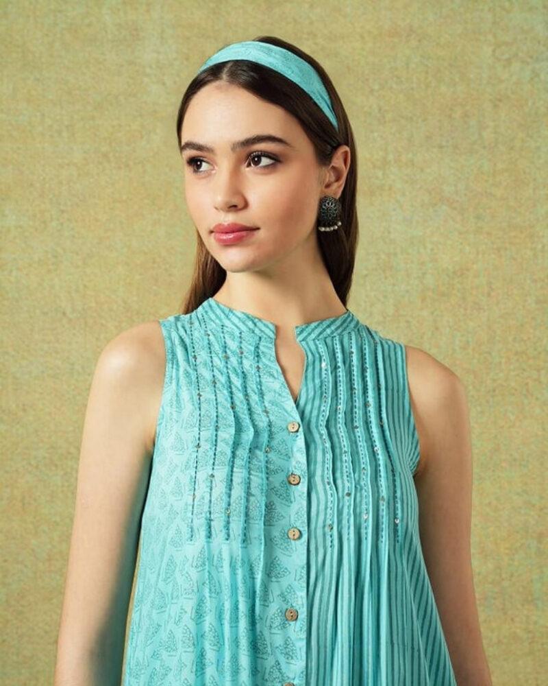 Sleeveless A-line Shirt Dress Blue Moth and Stripe Print