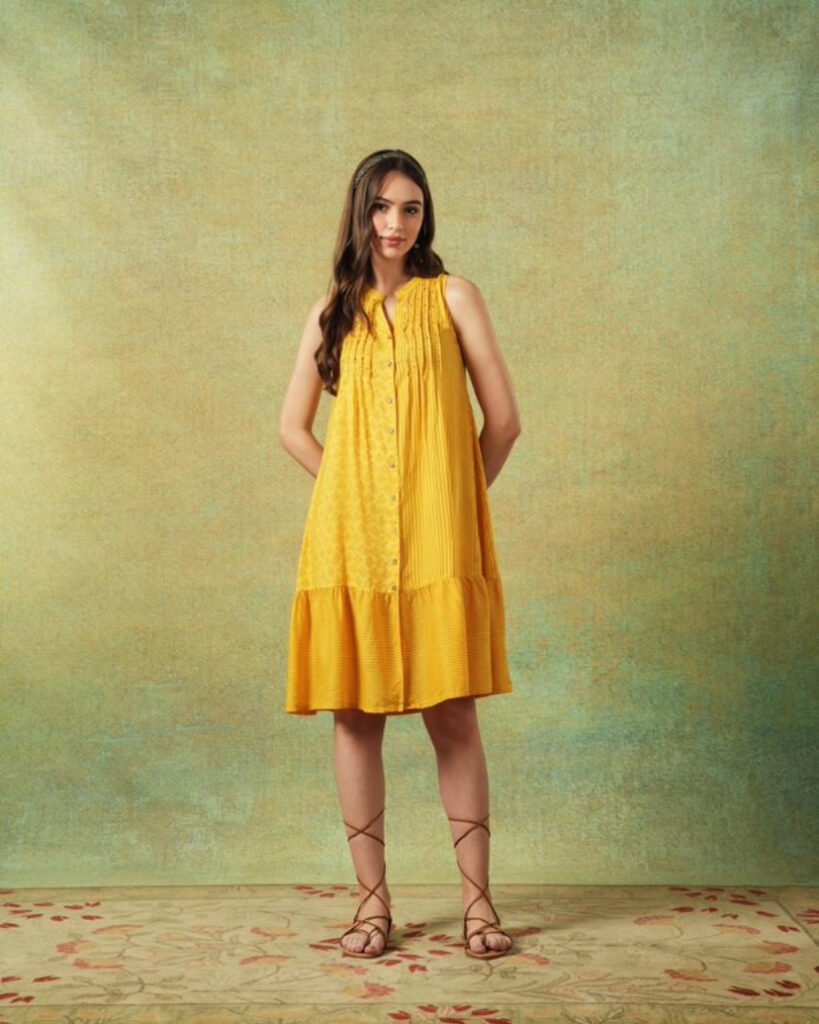 Sleeveless A-line Shirt Dress Yellow Moth and Stripe Print