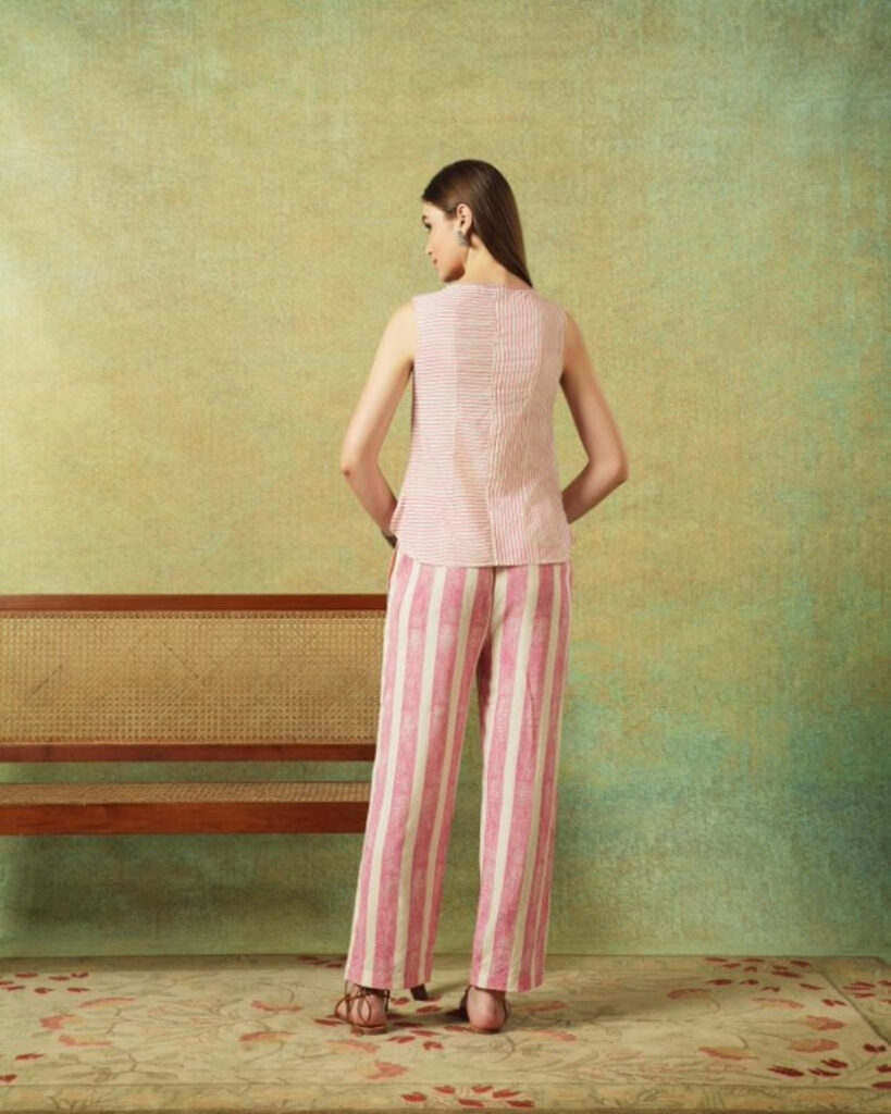 Sleeveless Tunic Pink Thin Stripes and Flared Bottom Pants Pink Wide Stripes