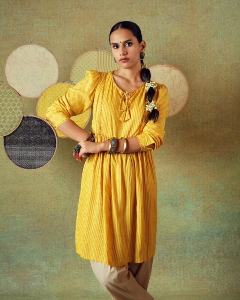 Yellow Flared Tunic with Yellow Stripe and Moth Block Print