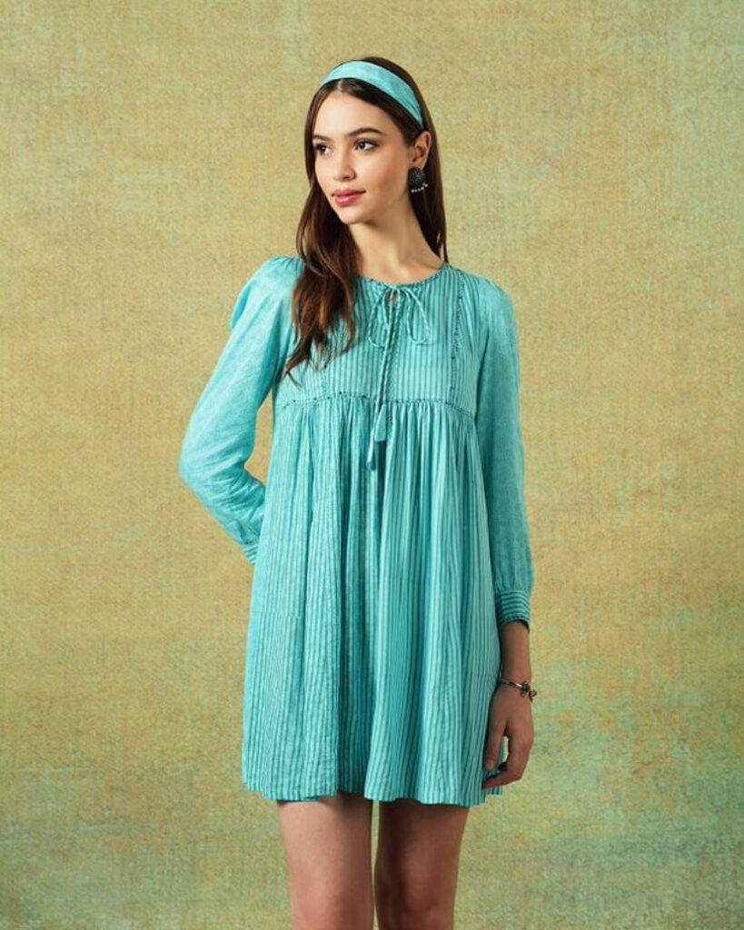 Empire Line Dress Blue Moth and Stripe Print