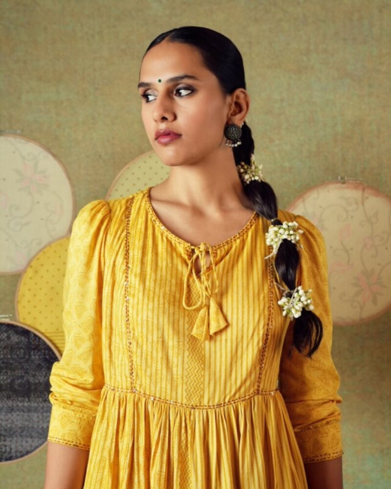 Yellow Flared Tunic with Yellow Stripe and Moth Block Print