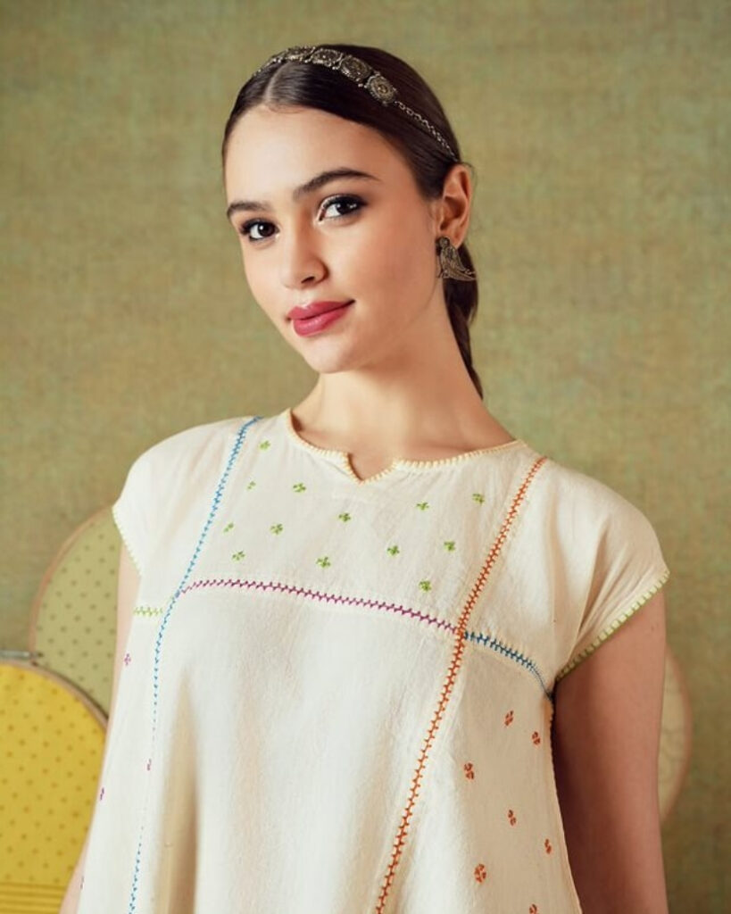 Hand Embroidery Flared Top Stripes Creamy White