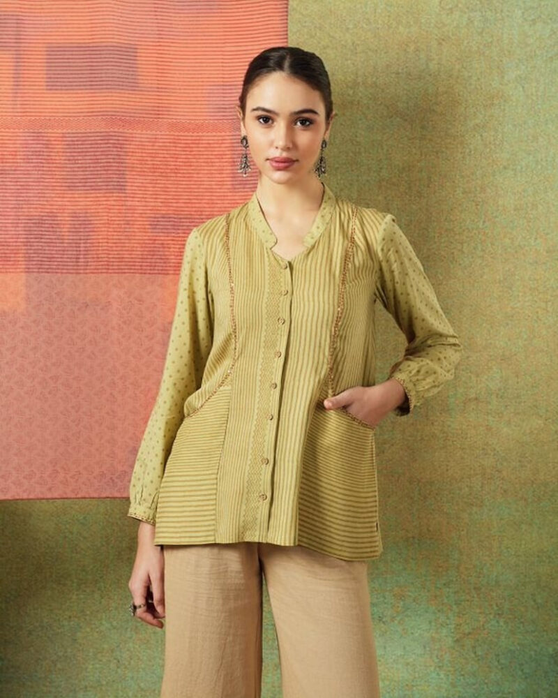 Block Printed Shirt with Pockets Green Stripe and Dot