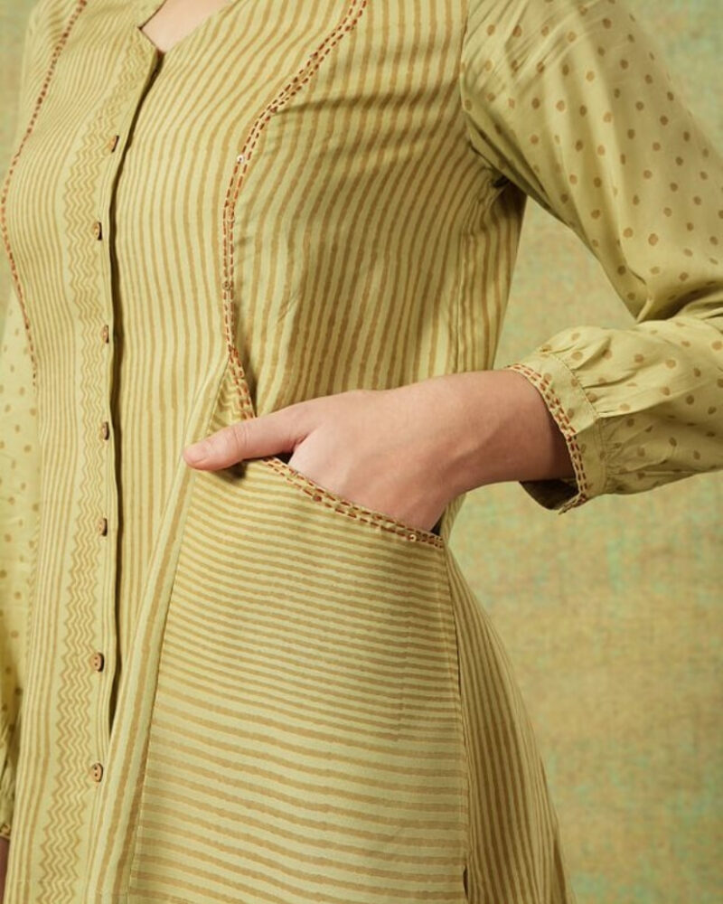 Block Printed Shirt with Pockets Green Stripe and Dot