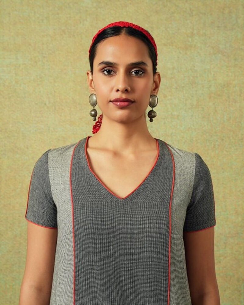 Patchwork Dress in Shades of Grey with Orange Pocket