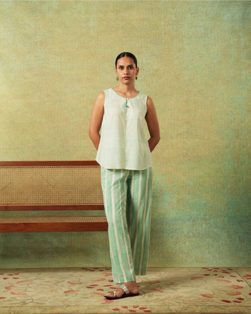 Flared Bottom Pants Green Wide Stripes