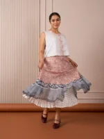 RA Studio Rust Red Mulmul Skirt with Blue Border & Cotton Inner