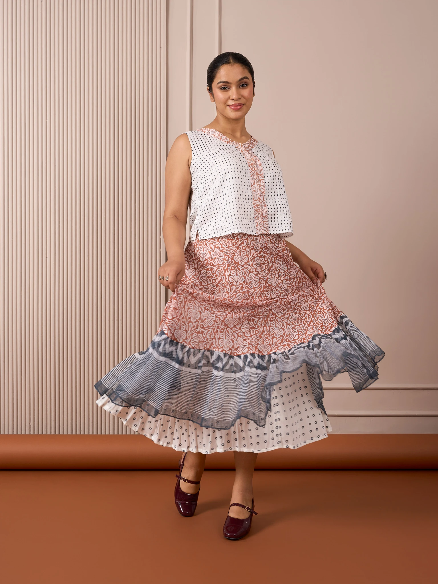 RA Studio Rust Red Mulmul Skirt with Blue Border & Cotton Inner