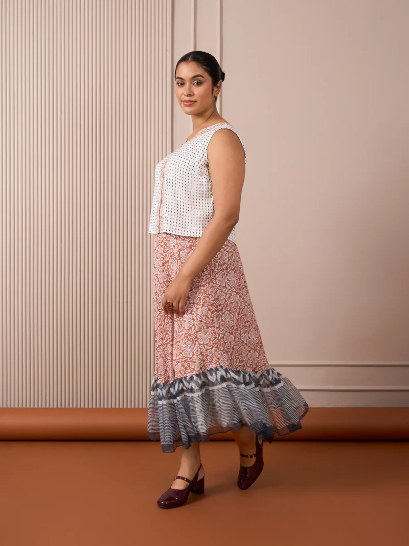 RA Studio Rust Red Mulmul Skirt with Blue Border & Cotton Inner