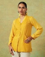 Yellow striped and dotted block-printed shirt with Chinese collar and pockets