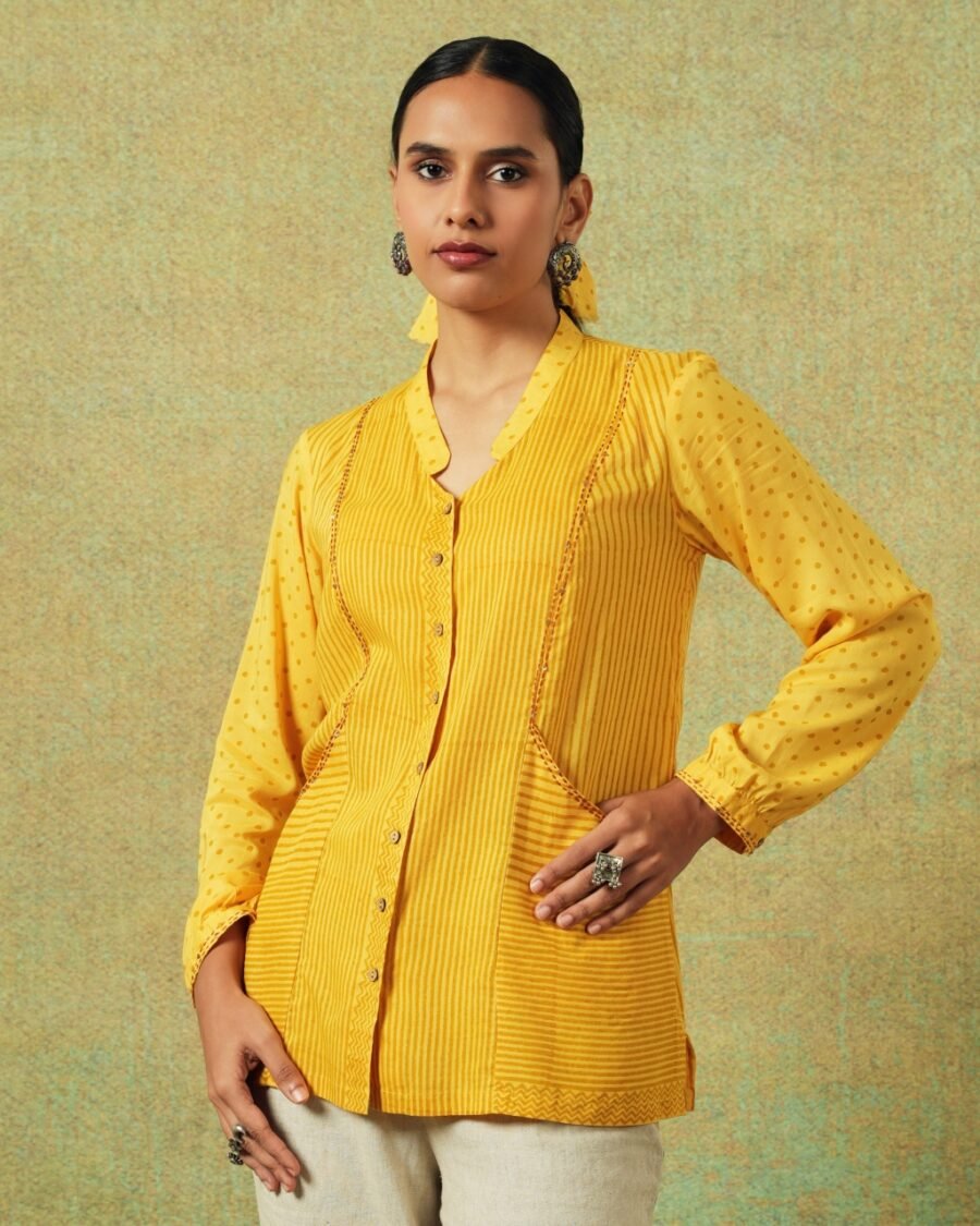 Yellow striped and dotted block-printed shirt with Chinese collar and pockets