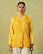 Yellow block printed shirt with stripes, dots, Chinese collar, pleating and pockets – RA Studio