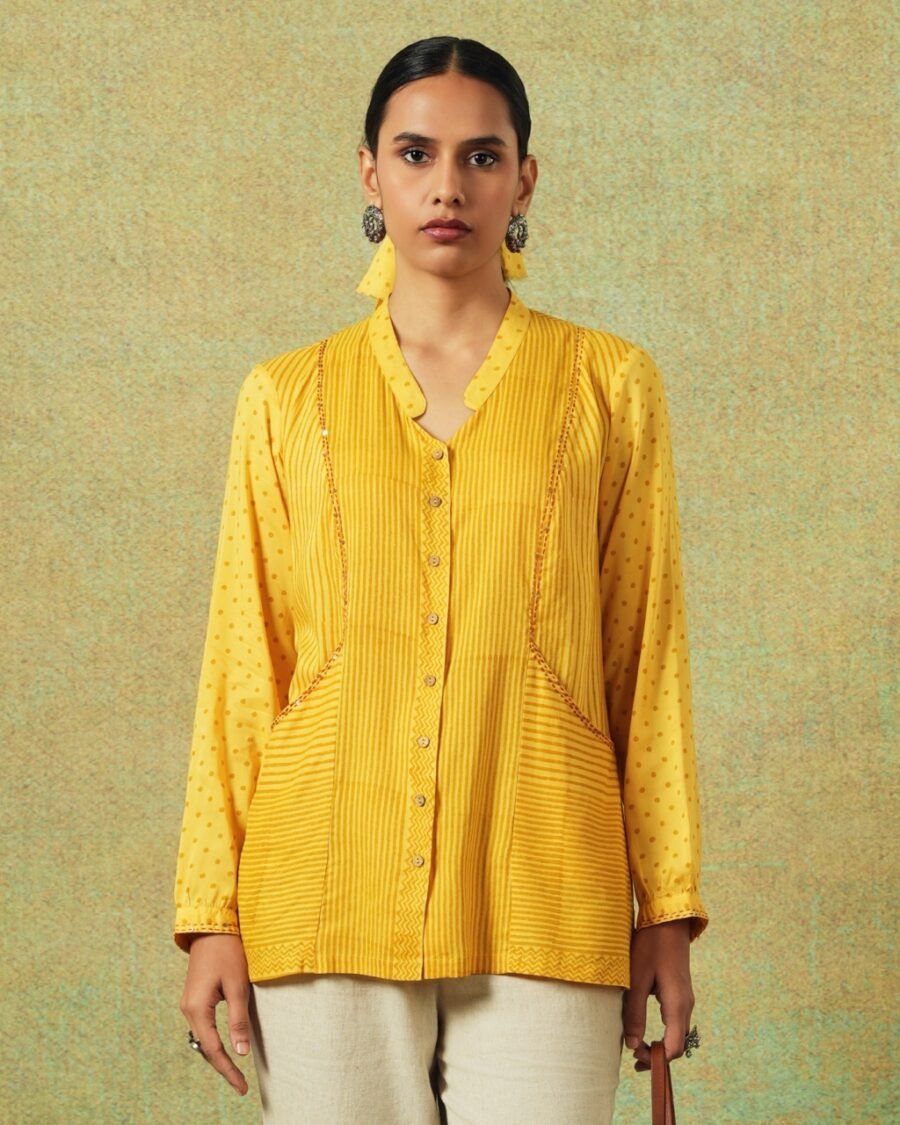 Yellow block printed shirt with stripes, dots, Chinese collar, pleating and pockets – RA Studio