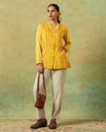 Yellow block-printed shirt with stripes, dots, Chinese collar, pleating and pockets – RA Studio