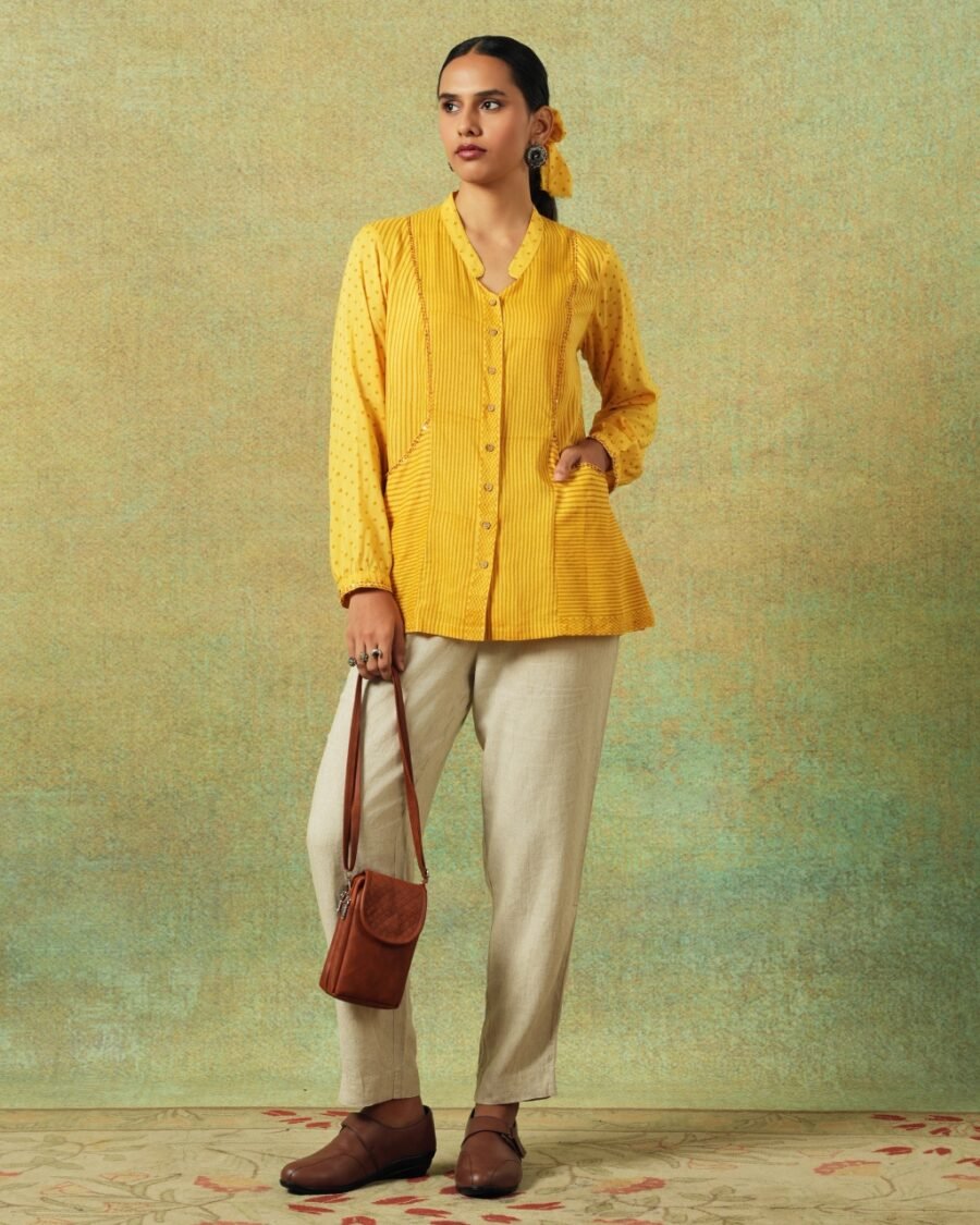 Yellow block-printed shirt with stripes, dots, Chinese collar, pleating and pockets – RA Studio