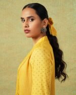 Side close up of Yellow block printed shirt with stripes, dots, Chinese collar, pleating and pockets – RA Studio