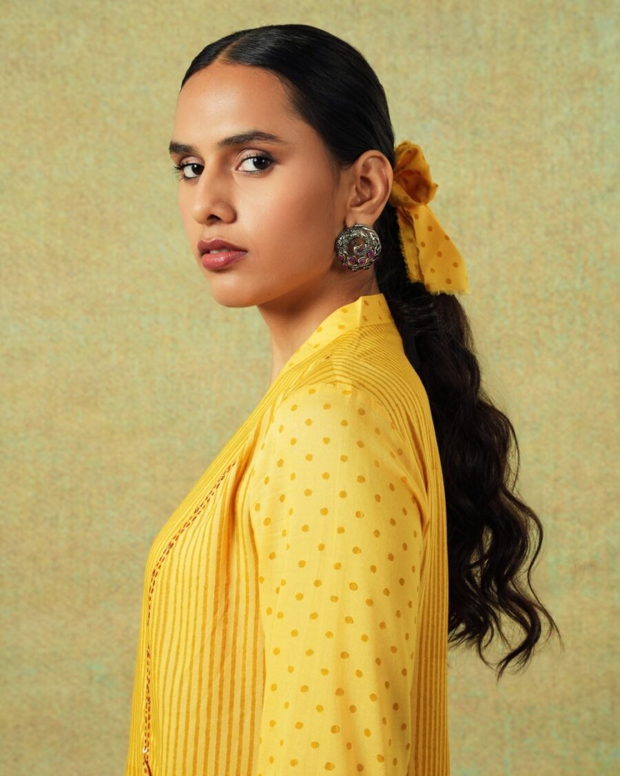 Side close up of Yellow block printed shirt with stripes, dots, Chinese collar, pleating and pockets – RA Studio