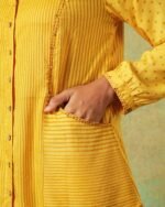 Yellow block printed shirt with stripes, dots, Chinese collar, pleating and pockets – RA Studio