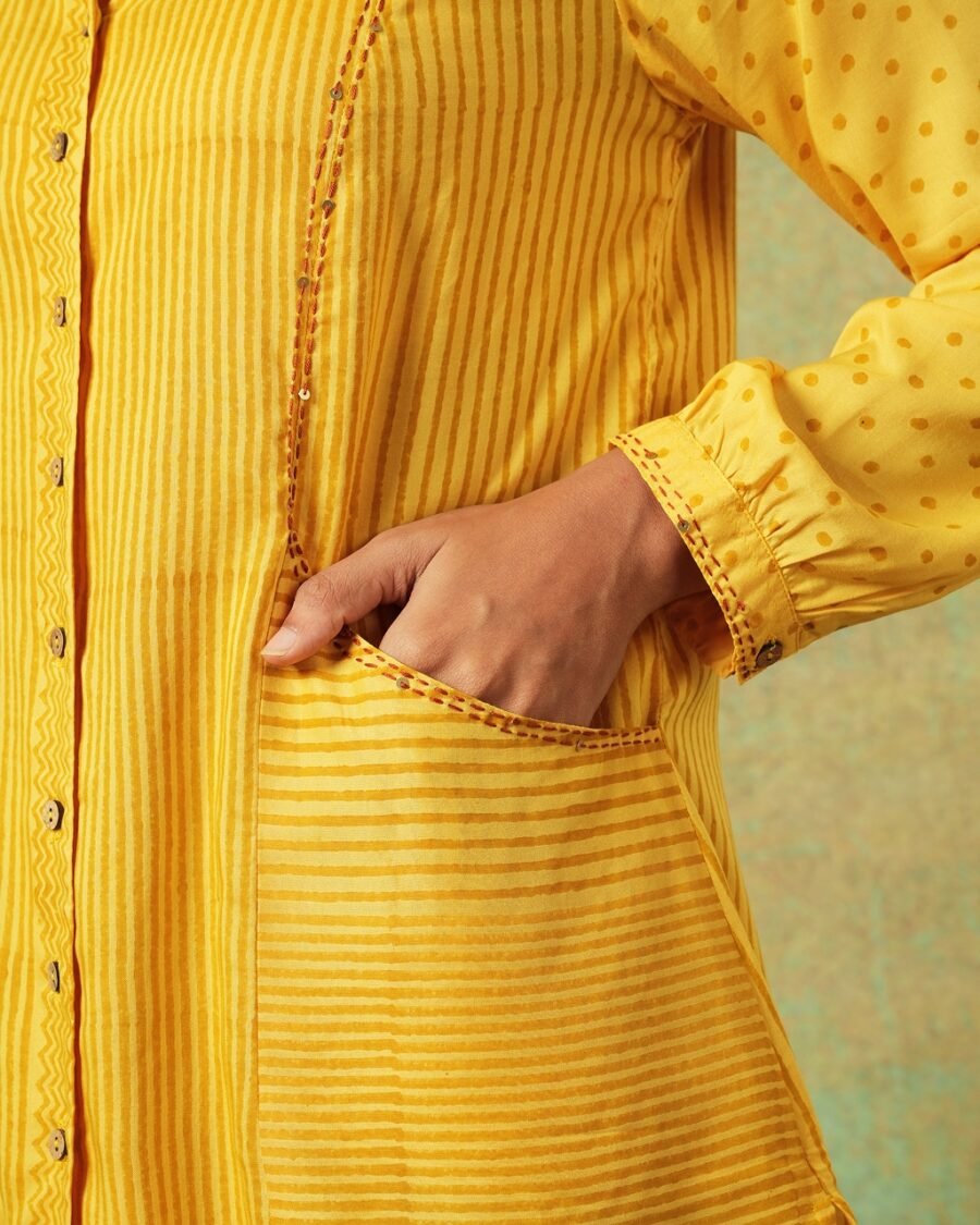 Yellow block printed shirt with stripes, dots, Chinese collar, pleating and pockets – RA Studio