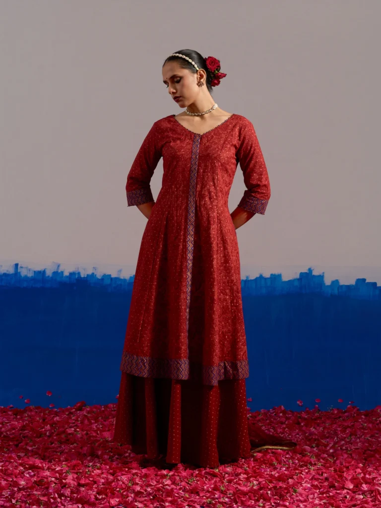 RA Studio Maroon Block Printed Coord Set Flared Dress with Contrast Cuffs and Gold Dot Skirt