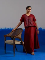 Maroon Block Print Coord Set with Zig-Zag Panel Top and Gold Dot Flared Skirt