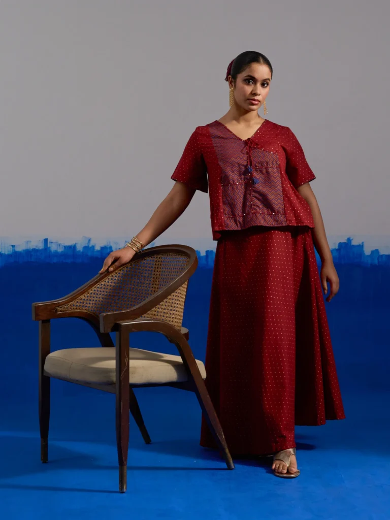 Maroon Block Print Coord Set with Zig-Zag Panel Top and Gold Dot Flared Skirt