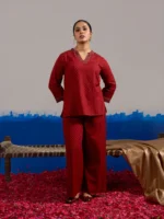 Coord Set Maroon Gold Dot Block Print with V-Neck Tunic and Flared Pants