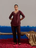 Coord Set Wine Red Dupion Silk Hand Embroidered
