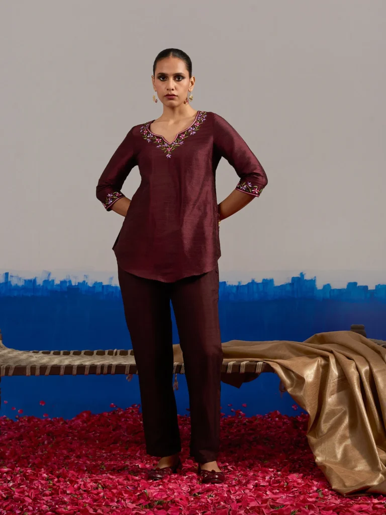 Coord Set Wine Red Dupion Silk Hand Embroidered