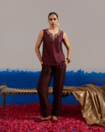 Coord Set Maroon Dupion Silk with Hand Embroidered Sleeveless Top and Wine Red Formal Pants