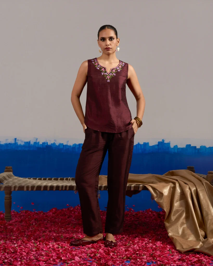 Coord Set Maroon Dupion Silk with Hand Embroidered Sleeveless Top and Wine Red Formal Pants