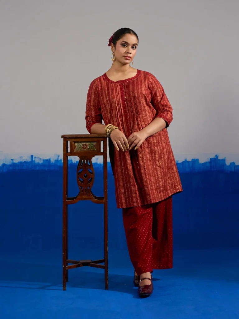 RA Studio Coord Set Red Gold Block Print with Pleated Front-Open Kurta and Flared Pants