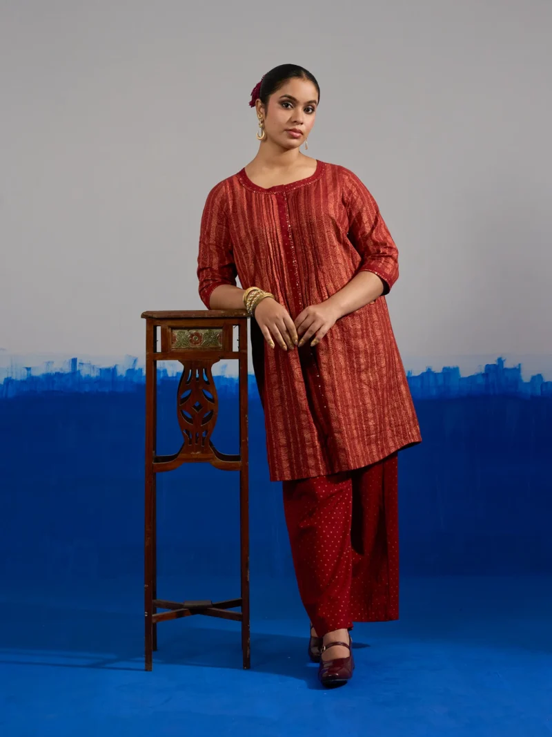 RA Studio Coord Set Red Gold Block Print with Pleated Front-Open Kurta and Flared Pants