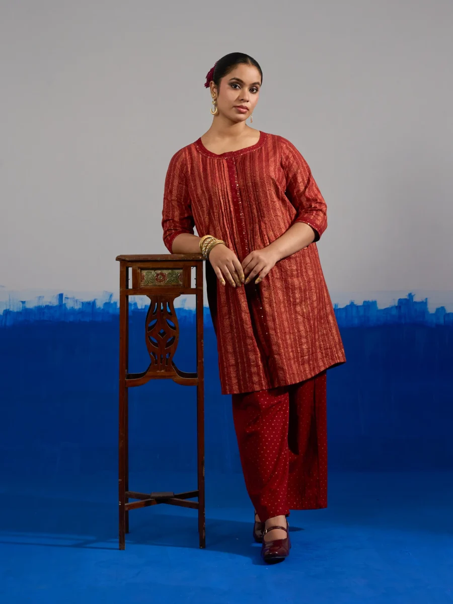 RA Studio Coord Set Red Gold Block Print with Pleated Front-Open Kurta and Flared Pants