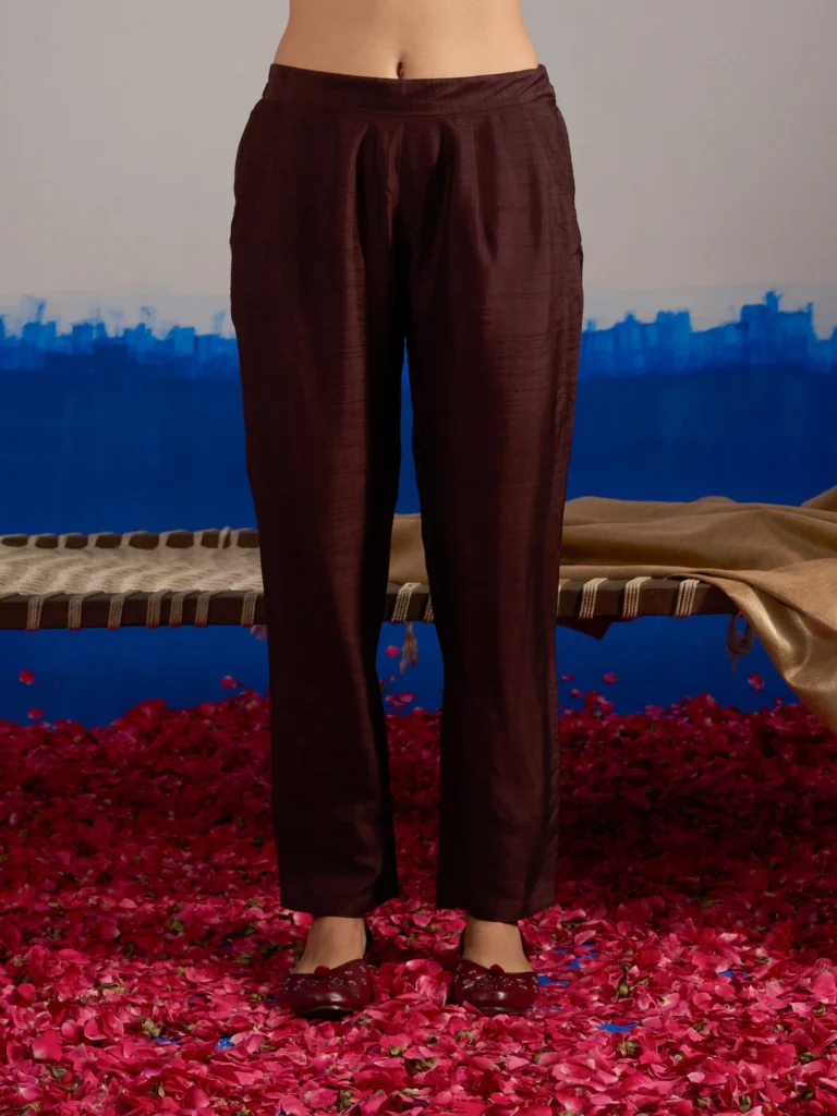 RA Studio Wine Red Silk Formal Pants with Side Zip