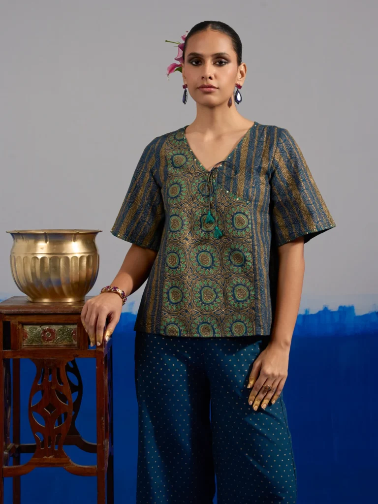 RA Studio Blue Base Crop Top with Tie-up in Stripe and Circular Block Print