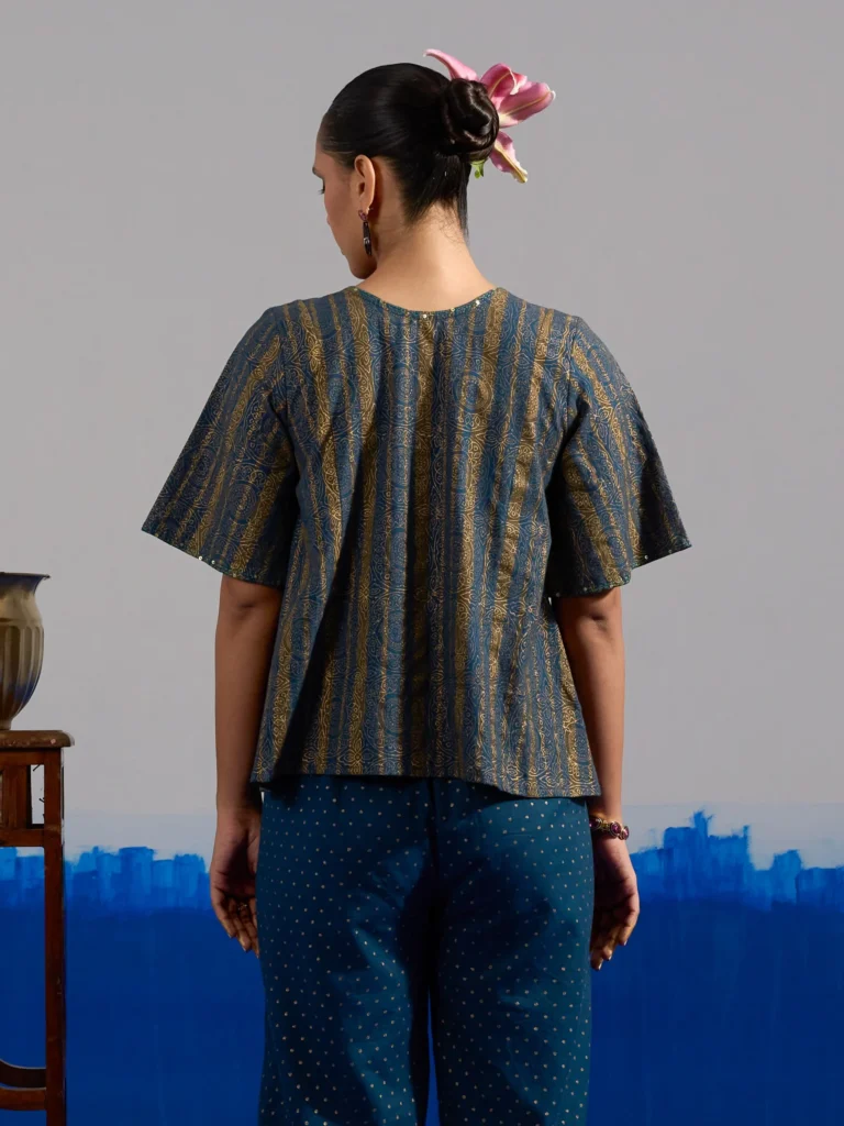 RA Studio Blue Base Crop Top with Tie-up in Stripe and Circular Block Print