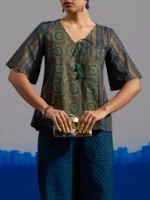 RA Studio Blue Base Crop Top with Tie-up in Stripe and Circular Block Print