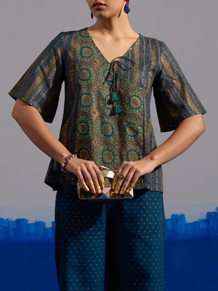 RA Studio Blue Base Crop Top with Tie-up in Stripe and Circular Block Print