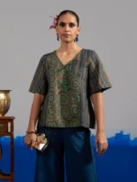 RA Studio Blue Base Crop Top with Tie-up in Stripe and Circular Block Print