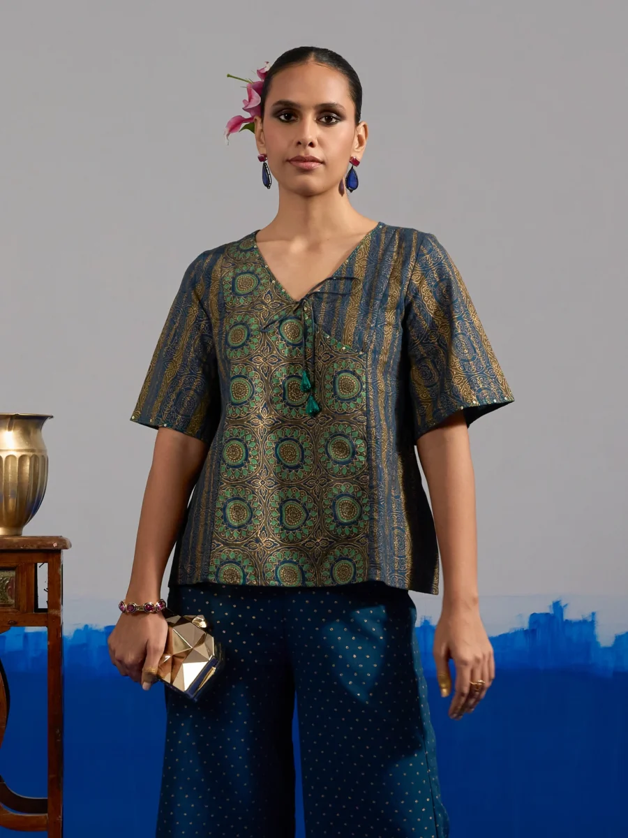 RA Studio Blue Base Crop Top with Tie-up in Stripe and Circular Block Print